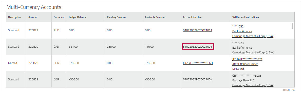 Multi-Currency Account grid